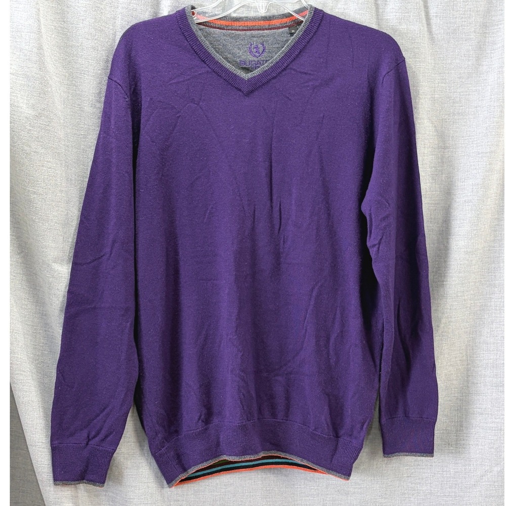 Bugatchi‎ Uomo Purple Merino Wool V Neck Sweater Men's M Rainbow Stripe Trim